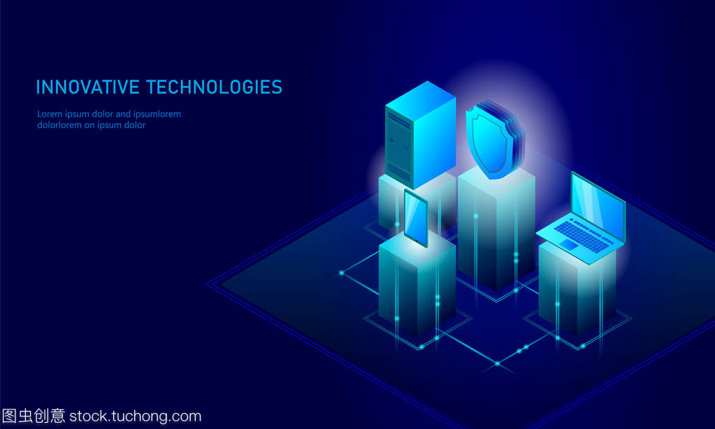 等距互聯(lián)網(wǎng)安全盾的經(jīng)營(yíng)理念。藍(lán)色發(fā)光等距個(gè)人信息數(shù)據(jù)連接 pc 智能手機(jī)未來(lái)技術(shù)。3d 圖表矢量圖